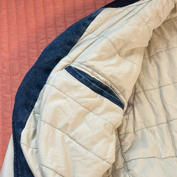 Vintage Denim Trucker Varsity Bomber Jacket Puff Quilted lining Mens Large - Picture 6 of 16